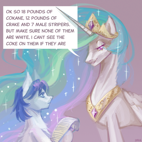 Size: 2000x2000 | Tagged: questionable, artist:kaf1l, derpibooru import, princess celestia, alicorn, earth pony, pony, background pony, drugs, female, image, implied drug use, list, mare, misspelling, png, simple background, speech bubble, stripper