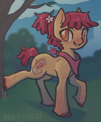 Size: 1973x2388 | Tagged: safe, artist:bugishorse, derpibooru import, apple bloom, earth pony, pony, alternate cutie mark, applebucking, bandana, body freckles, female, flower, flower in hair, freckles, g4, grin, high res, image, mare, older, older apple bloom, png, smiling, solo, unshorn fetlocks