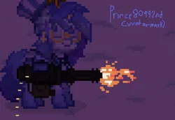 Size: 732x503 | Tagged: safe, derpibooru import, oc, oc:prince, unofficial characters only, unicorn, ashes town, blue eyes, blue mane, clothes, dress, fire, firing, glasses, gun, hat, horn, image, minigun, png, top hat, weapon