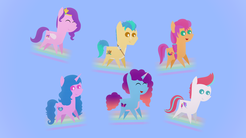 Size: 1920x1080 | Tagged: safe, artist:carrotorangelight, derpibooru import, hitch trailblazer, izzy moonbow, pipp petals, sunny starscout, zipp storm, earth pony, pegasus, pony, unicorn, g5, applejack (g5), female, fluttershy (g5), horn, image, male, mane five, mane six (g5), misty brightdawn, pinkie pie (g5), png, pointy ponies, rainbow dash (g5), rarity (g5), rebirth misty, surfing, twilight sparkle (g5)