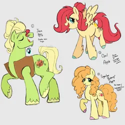 Size: 3000x3000 | Tagged: safe, artist:texacity, derpibooru import, oc, oc:jazz apple, oc:opal apple, oc:sugarbee buttercup apple, unofficial characters only, earth pony, pegasus, pony, clothes, curly mane, eyes closed, gray background, hair over one eye, image, lidded eyes, offspring, open mouth, open smile, parent:big macintosh, parent:fluttershy, parents:fluttermac, png, siblings, simple background, smiling, traditional art, trio, unshorn fetlocks, vest