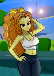 Size: 1673x2368 | Tagged: safe, artist:danielitamlp, derpibooru import, adagio dazzle, human, equestria girls, armpits, belly button, breasts, busty adagio dazzle, cleavage, clothes, denim, female, g4, hand on head, hand on hip, image, jeans, looking at you, midriff, pants, png, smiling, solo, streetlight, stupid sexy adagio dazzle, tanktop