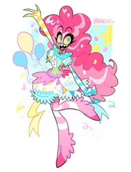 Size: 1080x1413 | Tagged: safe, artist:budweiset, derpibooru import, pinkie pie, anthro, unguligrade anthro, :d, bowtie, clothes, colored pupils, colored sclera, confetti, confetti in hair, cutie mark, cutie mark background, demonized, dress, evening gloves, female, g4, gloves, hellaverse, image, jpeg, leg stripes, long gloves, magenta pupils, mismatched gloves, open mouth, open smile, passepartout, raised leg, sharp teeth, simple background, smiling, stripes, teeth, thick eyelashes, white background, yellow sclera