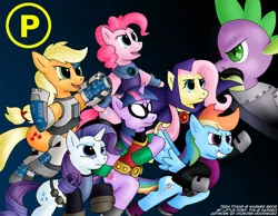 Size: 800x620 | Tagged: safe, artist:digoraccoon, applejack, fluttershy, pinkie pie, rainbow dash, rarity, spike, twilight sparkle, beast boy, cyborg (teen titans), image, jpeg, raven (teen titans), robin (teen titans), starfire, teen titans, warner bros