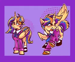 Size: 1800x1500 | Tagged: safe, artist:sarpiza_, derpibooru import, oc, unofficial characters only, pony, brother and sister, clothes, colt, duo, duo male and female, female, filly, foal, fraternal twins, image, jpeg, long sleeved shirt, long sleeves, male, offspring, one wing out, parent:flash sentry, parent:twilight sparkle, parents:flashlight, passepartout, purple background, shirt, siblings, simple background, twins, wings