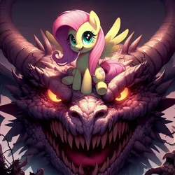 Size: 1024x1024 | Tagged: safe, ai content, derpibooru import, machine learning generated, prompter:doomguy397, fluttershy, dragon, pegasus, pony, cute, female, g4, generator:dall-e 3, glow, glowing eyes, horns, image, jpeg, mare, scary, shyabetes, sitting, spread wings, wings