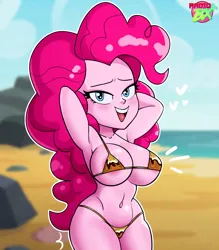 Size: 1752x2000 | Tagged: suggestive, artist:radio_bx, derpibooru import, pinkie pie, human, equestria girls, areola, areola slip, arm behind head, armpits, beach, belly, belly button, big breasts, bikini, breasts, busty pinkie pie, cleavage, clothes, female, g4, golden bikini, heart, humanized, image, jpeg, looking at you, ocean, open mouth, open smile, smiling, smiling at you, solo, solo female, swimsuit, water, wide hips