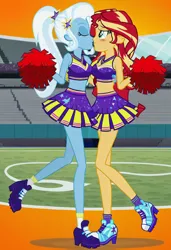 Size: 832x1216 | Tagged: safe, ai content, machine learning generated, prompter:tiamatnightmare, sunset shimmer, trixie, human, equestria girls, cheerleader outfit, clothes, female, football field, humanized, image, jpeg, lesbian, pom pom, shipping, suntrix