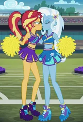 Size: 832x1216 | Tagged: safe, ai content, machine learning generated, prompter:tiamatnightmare, sunset shimmer, trixie, human, equestria girls, cheerleader outfit, clothes, female, football field, humanized, image, jpeg, lesbian, pom pom, shipping, suntrix