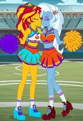 Size: 832x1216 | Tagged: safe, ai content, machine learning generated, prompter:tiamatnightmare, sunset shimmer, trixie, human, equestria girls, cheerleader outfit, clothes, female, football field, humanized, image, jpeg, lesbian, pom pom, shipping, suntrix