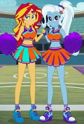 Size: 832x1216 | Tagged: safe, ai content, machine learning generated, prompter:tiamatnightmare, sunset shimmer, trixie, human, equestria girls, cheerleader outfit, clothes, female, football field, humanized, image, jpeg, lesbian, pom pom, shipping, suntrix
