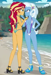 Size: 832x1216 | Tagged: suggestive, ai content, machine learning generated, prompter:tiamatnightmare, sunset shimmer, trixie, human, equestria girls, beach, bikini, clothes, female, holding hands, humanized, image, jpeg, lesbian, ocean, sand, shipping, sling bikini, suntrix, swimsuit