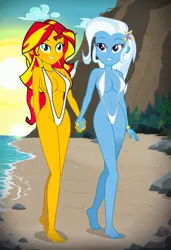 Size: 832x1216 | Tagged: suggestive, ai content, machine learning generated, prompter:tiamatnightmare, sunset shimmer, trixie, human, equestria girls, beach, bikini, clothes, female, holding hands, humanized, image, jpeg, lesbian, ocean, sand, shipping, sling bikini, suntrix, swimsuit