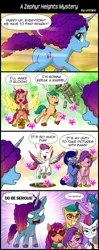 Size: 800x2020 | Tagged: safe, artist:uotapo, derpibooru import, hitch trailblazer, izzy moonbow, pipp petals, sunny starscout, zipp storm, alicorn, earth pony, pegasus, pony, unicorn, g5, my little pony: a new generation, applejack (g5), artificial horn, artificial wings, augmented, barrel, breaking, butt, comic, female, flower, fluttershy (g5), glasses, horn, image, jpeg, magic, magic horn, magic wings, male, mane five, mane six (g5), mane stripe sunny, mare, misty brightdawn, my little pony: a zephyr heights mystery, necktie, pinkie pie (g5), plot, race swap, rainbow dash (g5), rarity (g5), rebirth misty, speech bubble, stallion, sunnycorn, twilight sparkle (g5), wings, yelling