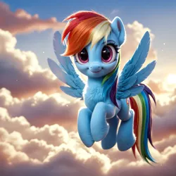 Size: 1440x1440 | Tagged: safe, ai content, derpibooru import, machine learning generated, rainbow dash, pegasus, pony, 3d, cloud, cute, dashabetes, detailed, flying, image, looking at you, png, purple eyes, sky, smiling, solo, sunlight, wings