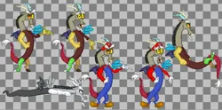 Size: 3683x1832 | Tagged: safe, artist:cfandknuckles, derpibooru import, discord, draconequus, ghost, undead, checkered background, clothes, cosplay, costume, digital art, g4, image, mario, pixel art, png, solo, sprite, super mario bros.