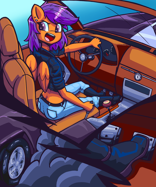 Size: 3500x4200 | Tagged: safe, artist:shadowhawx, derpibooru import, scootaloo, anthro, pegasus, pony, ass, butt, buttcrack, car, clothes, denim, driving, female, g4, high res, image, jeans, looking back, mare, older, older scootaloo, open mouth, open smile, pants, pedal, png, scootabutt, smiling, solo, steering wheel