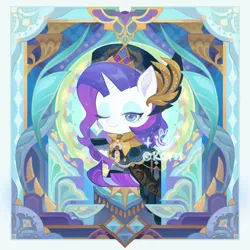 Size: 2209x2209 | Tagged: safe, artist:koyii-kong, derpibooru import, rarity, pony, unicorn, abstract background, cape, clothes, diamond, female, g4, hat, high res, horn, image, jpeg, lidded eyes, looking at you, mare, one eye closed, sitting, smiling, smiling at you, solo