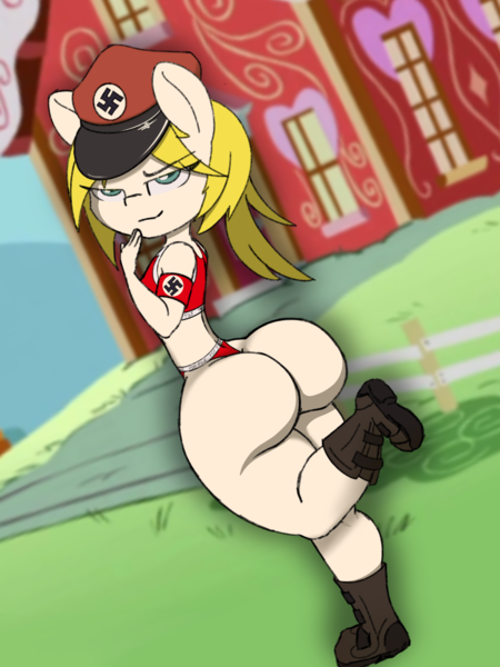 Size: 1536x2048 | Tagged: questionable, artist:lefthighkick, banned from derpibooru, oc, oc:aryanne, anthro, earth pony, plantigrade anthro, arm band, boots, branded hem, butt, clothes, commission, female, image, lolicon, looking at you, looking back, looking back at you, missing cutie mark, nazi, no tail, pedophilia, png, ponyville schoolhouse, pun, screencap background, shoes, solo, solo female, sports bra, sports panties, sports underwear, swastika, underage