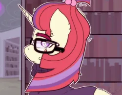 Size: 1348x1048 | Tagged: safe, artist:bluemoon, derpibooru import, moondancer, pony, unicorn, book, bookhorse, bookshelf, clothes, glasses, hairclip, horn, image, library, looking at you, messy mane, png, solo, sweater, thick eyebrows