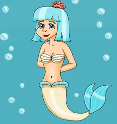 Size: 896x953 | Tagged: safe, artist:ocean lover, derpibooru import, coco pommel, human, mermaid, bashful, belly button, blue eyes, blue hair, bra, bubble, clothes, cocobetes, cute, fins, fish tail, flower, flower in hair, human coloration, humanized, image, innocent, light skin, lips, looking up, mermaid tail, mermaidized, mermay, midriff, ms paint, ocean, png, seashell, seashell bra, short hair, shy, species swap, tail, tail fin, two toned hair, underwater, underwear, water