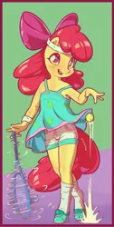 Size: 942x1876 | Tagged: safe, artist:stratodraw, derpibooru import, apple bloom, anthro, earth pony, pony, unguligrade anthro, adorabloom, ball, clothes, cute, dress, female, filly, foal, freckles, headband, image, knee blush, png, shorts, socks, tennis ball, tennis racket