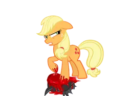 Size: 1024x768 | Tagged: grimdark, artist:trixxiefloof, derpibooru import, edit, vector edit, applejack, changeling, earth pony, pony, angry, blood, female, gritted teeth, hatless, image, mare, missing accessory, photo, png, teeth, vector