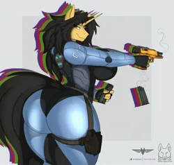 Size: 2100x2000 | Tagged: suggestive, artist:thedrunkcoyote, color edit, derpibooru import, edit, oc, oc:amber steel, unofficial characters only, anthro, unicorn, bedroom eyes, big breasts, breasts, cleavage, clothes, colored, commission, female, gun, handgun, horn, huge breasts, image, jpeg, looking at you, looking back, looking back at you, solo, solo female, suit, thighs, thunder thighs, unicorn oc, weapon, wide hips