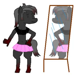 Size: 678x674 | Tagged: safe, artist:shrimpbucket, derpibooru import, oc, oc:blood stain, unofficial characters only, anthro, unguligrade anthro, belly button, clothes, hand on hip, image, mirror, pink skirt, png, shirt, skirt, smiling