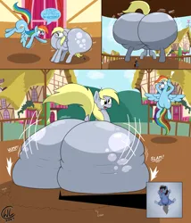 Size: 6000x7000 | Tagged: suggestive, artist:lukewarmluke, derpibooru import, derpy hooves, rainbow dash, oc, oc:jay venatus, pegasus, bubble butt, butt, butt crush, cracks, digital art, huge butt, hyper, hyper butt, image, impossibly large butt, impossibly wide ass, impossibly wide hips, large butt, micro, png, ponyville, town hall, wide hips, wings