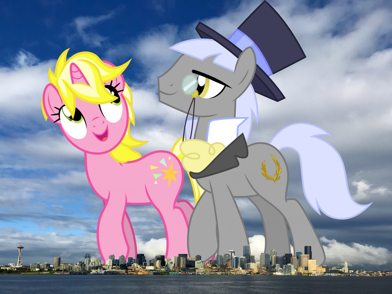 Size: 2048x1536 | Tagged: safe, artist:cloudy glow, derpibooru import, edit, editor:jaredking779, caesar, count caesar, sunshine smiles, earth pony, pony, unicorn, background pony, duo, female, g4, giant pony, giantess, hat, highrise ponies, horn, image, irl, jpeg, macro, male, mare, monocle, monocle and top hat, photo, ponies in real life, seattle, space needle, stallion, story included, top hat, washington