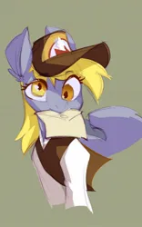 Size: 862x1380 | Tagged: safe, artist:blue ink, derpibooru import, derpy hooves, pegasus, pony, eyebrows, eyebrows visible through hair, female, g4, green background, hat, image, jpeg, looking at you, mailmare, mailmare hat, mare, mouth hold, simple background, solo