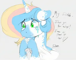 Size: 2627x2105 | Tagged: safe, artist:thelunarmoon, derpibooru import, oc, oc:lunar moon, unofficial characters only, pony, unicorn, bust, coat markings, colored, crying, dialogue, flat colors, floppy ears, gray background, hooves together, horn, image, jpeg, male, multicolored hair, simple background, solo, stallion, unshorn fetlocks