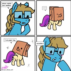 Size: 865x866 | Tagged: safe, artist:thesimplementni, derpibooru import, oc, oc:paper bag, oc:shutter speed, comic, explain your smolness, glasses, image, png, simple background, white background