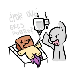 Size: 1000x1000 | Tagged: safe, artist:paperbagpony, derpibooru import, oc, oc:paper bag, unofficial characters only, anonymous, bed, chibi, hospital bed, image, iv drip, png, spanish, x eyes