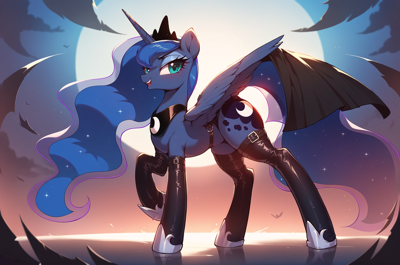 Size: 2760x1832 | Tagged: safe, machine learning generated, prompter:kuporosso, princess luna, alicorn, pony, cutie mark, female, image, latex, latex stockings, looking at you, moon, png, solo