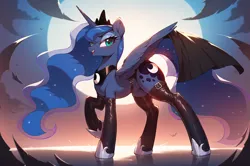 Size: 2760x1832 | Tagged: safe, machine learning generated, prompter:kuporosso, princess luna, alicorn, pony, cutie mark, female, image, latex, latex stockings, looking at you, moon, png, solo