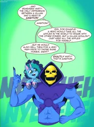 Size: 1881x2523 | Tagged: safe, artist:saturdaymorningproj, derpibooru import, human, pony, unicorn, g5, crossover, dialogue, duo, duo male and female, evil laugh, female, hand on hip, he-man and the masters of the universe, high res, horn, image, laughing, male, mare, misty brightdawn, open mouth, open smile, png, pointing, shoulder ride, skeletor, smiling, speech bubble