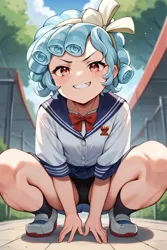 Size: 768x1152 | Tagged: suggestive, machine learning generated, prompter:drpeeper d fresa, cozy glow, human, clothes, curly hair, female, humanized, image, looking at you, panties, png, school uniform, skirt, smiling, smirk, solo, squatting, underage, underwear, upskirt