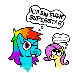 Size: 1000x1000 | Tagged: safe, artist:zoeyhorse, derpibooru import, fluttershy, rainbow dash, pegasus, pony, duo, duo female, english, female, g4, german, image, jpeg, looking at you, looking up, mare, mind reading, one eye closed, simple background, thought bubble, white background, wink, winking at you