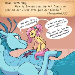 Size: 2166x2166 | Tagged: safe, artist:overlordneon, derpibooru import, fluttershy, sonata dusk, pegasus, pony, siren, ask, dialogue, duo, duo female, female, g4, high res, image, jpeg, mare, older, older fluttershy, scar, sitting, size difference, speech bubble