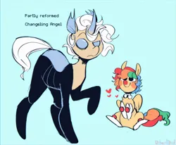 Size: 2242x1843 | Tagged: safe, artist:urbanqhoul, derpibooru import, oc, oc:angel, oc:whimsy, ponified, unofficial characters only, changedling, changeling, pegasus, pony, changedling oc, changeling oc, changelingified, clown, clown makeup, clown nose, duo, floating heart, heart, high res, hooves to the chest, image, light blue background, looking at you, male, png, red nose, simple background, sitting, species swap, stallion, text