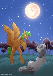 Size: 2480x3508 | Tagged: safe, artist:jjsh, derpibooru import, oc, unofficial characters only, pegasus, pony, unicorn, duo, excited, fluffy, grass, happy, high res, holiday, horn, image, looking at someone, lying down, male, mare in the moon, moon, night, open mouth, png, raised hoof, rearing, sky, smiling, spread wings, stallion, stars, teeth, tree, turned head, wing fluff, wings