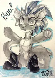 Size: 900x1280 | Tagged: safe, artist:tlen borowski, derpibooru import, original species, pony, semi-anthro, shark, shark pony, clothes, ear fluff, fangs, fish tail, hooves, image, jpeg, looking at you, multiple ears, open mouth, shark tail, sitting, socks, speech bubble, stockings, tail, thigh highs, traditional art