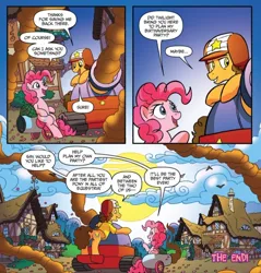 Size: 998x1045 | Tagged: safe, artist:andypriceart, derpibooru import, idw, cheese sandwich, pinkie pie, earth pony, pony, spoiler:guardians of harmony, cloud, g4, image, jpeg, official comic, party cannon, ponyville, sun, the end