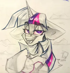 Size: 1973x2048 | Tagged: safe, artist:tlen borowski, derpibooru import, twilight sparkle, pony, drugs, ear fluff, hooves, horn, image, jpeg, looking at you, open mouth, red eyes, sketch, smiling, smiling at you, smoke, teeth, traditional art