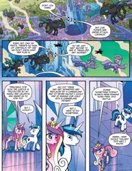 Size: 3877x5033 | Tagged: safe, artist:tonyfleecs, derpibooru import, idw, princess cadance, shining armor, alicorn, changeling, pegasus, pony, unicorn, spoiler:guardians of harmony, armor, crystal castle, crystal empire, crystal guard, crystal guard armor, g4, guardians of harmony, horn, image, invasion, jpeg, official comic, royal guard, toy