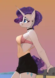 Size: 2340x3304 | Tagged: safe, artist:naen, derpibooru import, rarity, anthro, plantigrade anthro, pony, unicorn, alternate hairstyle, bra, choker, clothes, ear piercing, female, g4, gradient background, horn, image, mare, piercing, png, smiling, solo, underwear