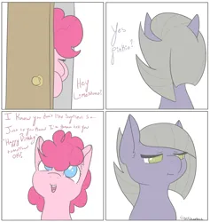 Size: 3880x4096 | Tagged: safe, artist:tkshoelace, derpibooru import, limestone pie, pinkie pie, comic, door, duo, duo female, female, g4, image, png, simple background, text, white background