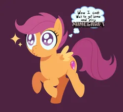 Size: 640x580 | Tagged: safe, artist:weirduglylemon, derpibooru import, scootaloo, pegasus, pony, female, filly, foal, g4, image, minecraft, png, purple background, simple background, solo, sparkles, thought bubble